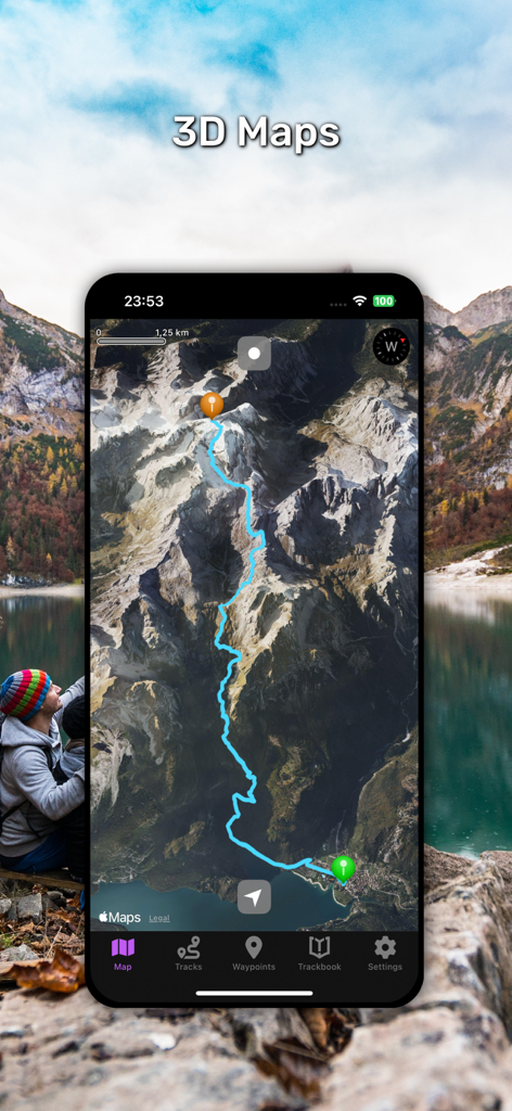 GPX Viewer PRO - Aplicativo GPX Viewer PRO exibindo um mapa topográfico 3D com uma trilha de caminhada destacada através de terreno montanhoso