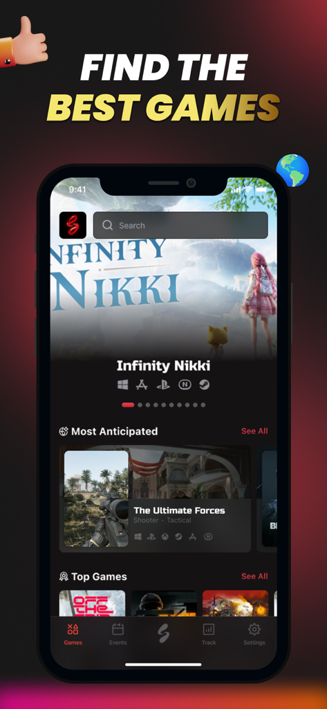 Scarleet Mode - Gamers Realm - A screenshot of the Scarleet Mode app showing the game discovery interface with featured titles like Infinity Nikki and a search bar.