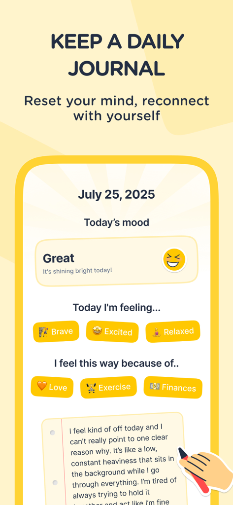 Daily journal and mood tracking screen in the Dear Me app featuring emoji and feeling tags
