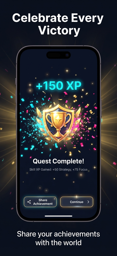 QuestFlow: Life Gamified - QuestFlow app screenshot showing a quest complete screen with a gold trophy and XP rewards