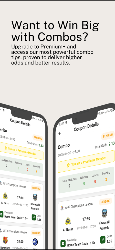 PickTips: Betting Predictions - PickTipsのモバイルアプリインターフェース。プレミアムコンボベッティングのヒントとサッカー予測クーポンを表示。