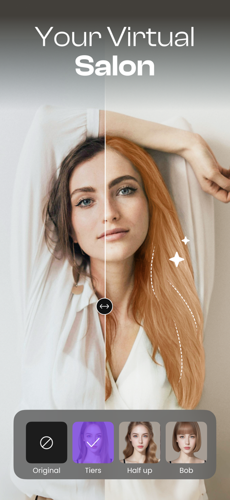 Starii-AI Beauty Editor - Starii app showing a virtual hair salon feature with a before and after hair color comparison.
