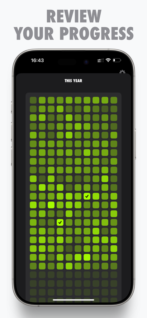 StepGrid - Step Counter - A smartphone screen displaying the StepGrid app year-long activity heatmap grid to review fitness progress.