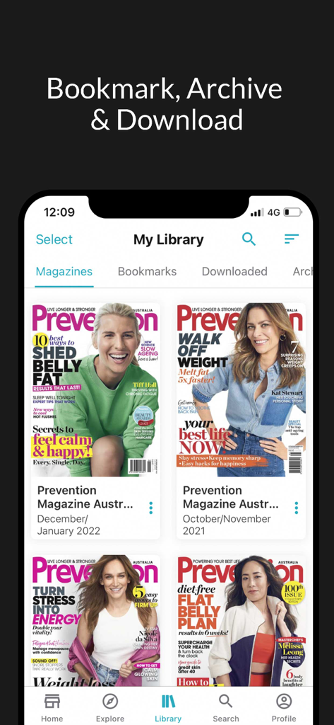 Prevention Magazine Australia - Prevention Magazine Australia digital library showing magazine covers and bookmark options