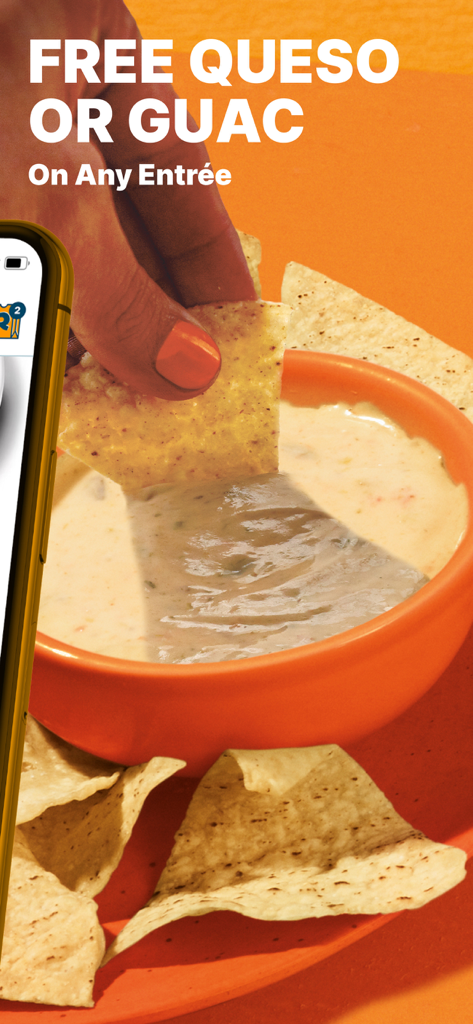 QDOBA Mexican Eats - A person dipping a tortilla chip into a bowl of queso with text promoting free queso or guac on any entree
