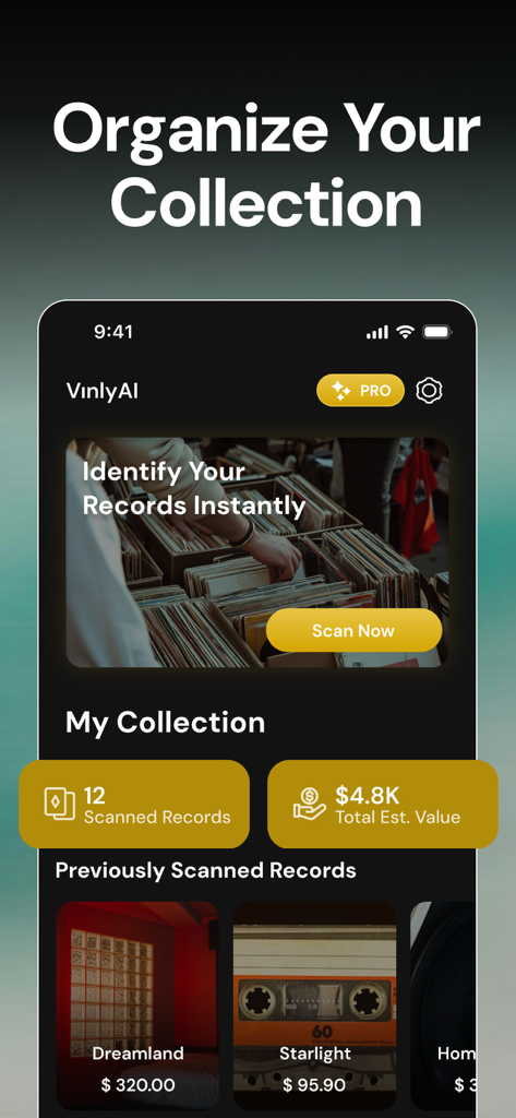 Vinyl Value: Scan & Identify - The Vinyl Value app interface showing a digital archive of scanned records with their estimated market value.