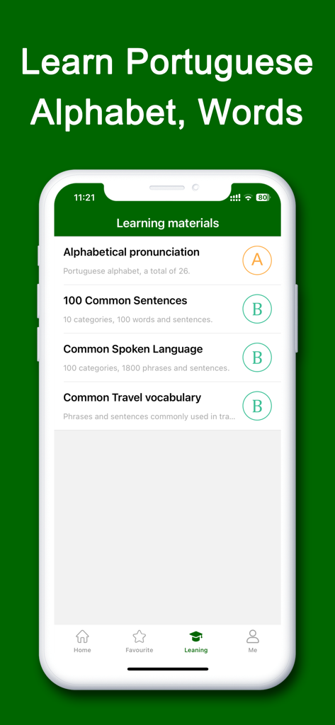 ptTranslator for Portuguese - Uma interface de aplicativo móvel exibindo categorias de aprendizado de português como vocabulário de alfabeto e viagens