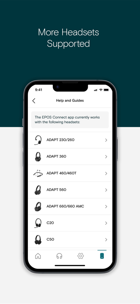 List of supported headsets in the EPOS Connect app interface
