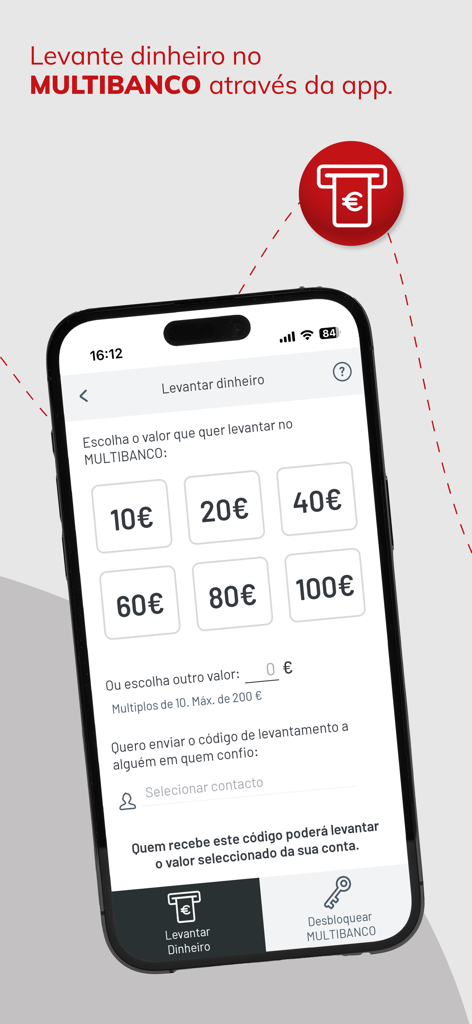 Interface da aplicação MB WAY mostrando opções para levantar dinheiro num ATM Multibanco sem cartão físico