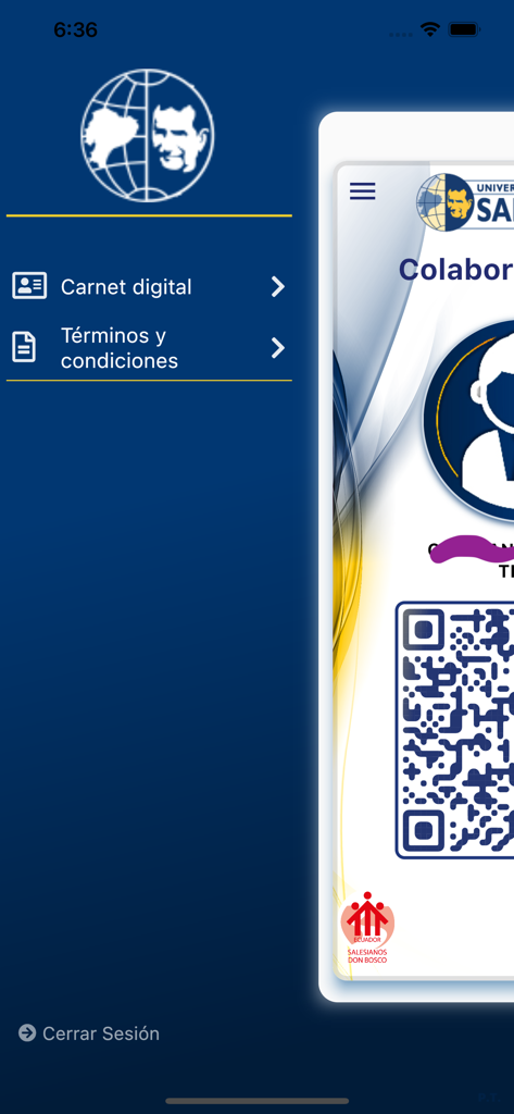 Carnet Digital UPS - Menú lateral de la app Carnet Digital UPS que muestra una tarjeta de identificación digital con un código QR