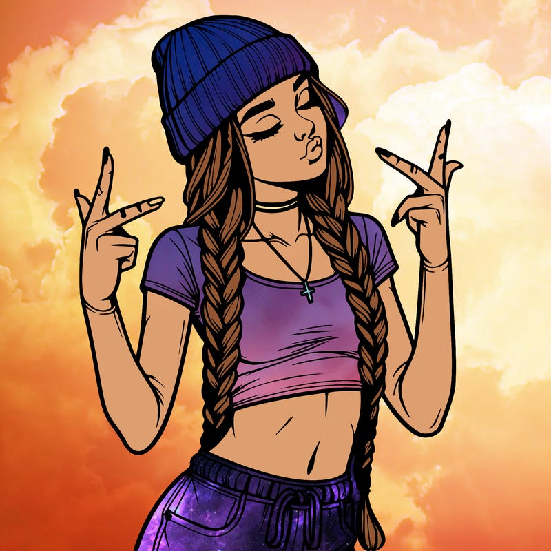 realistic teenage girl with braids and a beanie and crop top doing 🫶🏼
