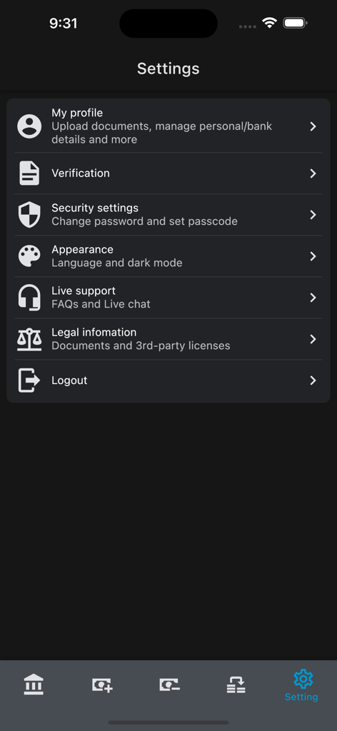 프로필 관리 및 보안 옵션이 포함된 DIDIMAX Trader 앱의 설정 화면
