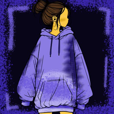 realistic girl with a oversized sweatshirt on and a bun