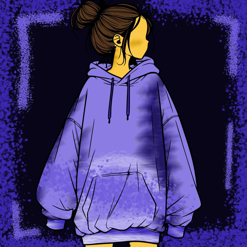 realistic girl with a oversized sweatshirt on and a bun
