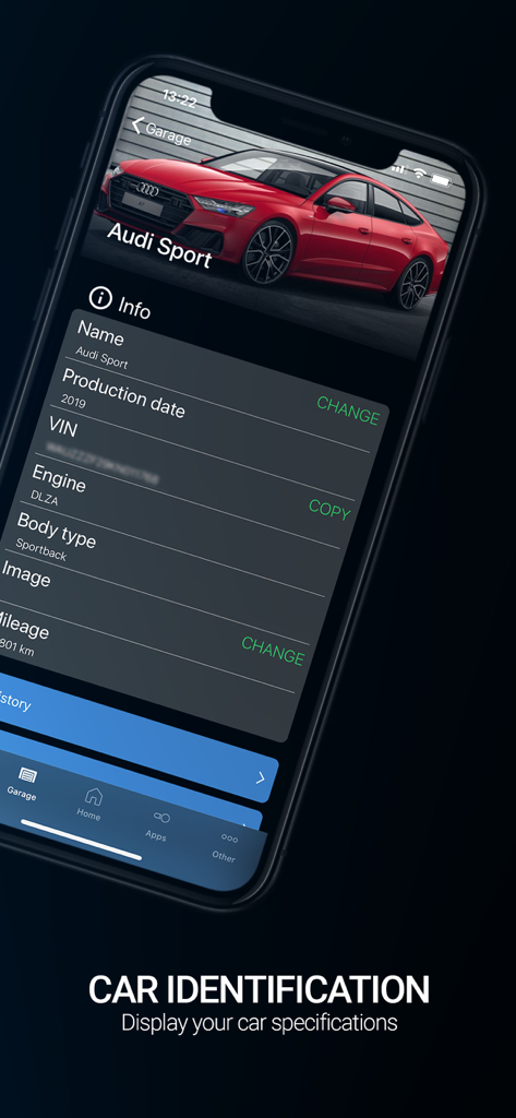 OBDeleven VAG Car diagnostics - OBDeleven app displaying car specifications and identification details for an Audi Sport vehicle