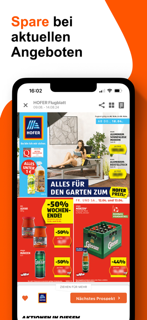 Un smartphone mostrando un folleto digital de Hofer con descuentos en comestibles y suministros de jardinería
