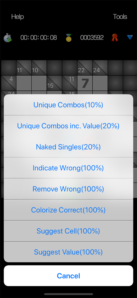 A menu of hint options in the Kakuro u app including unique combos and naked singles over a game grid