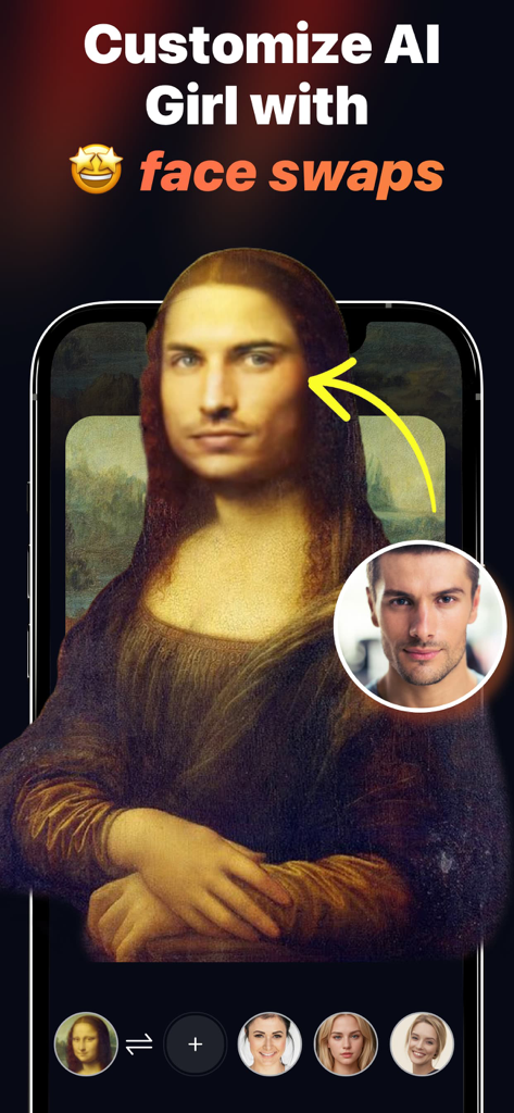 Interfaz de la aplicación Belleza IA mostrando un intercambio de rostro de un hombre en la pintura de la Mona Lisa