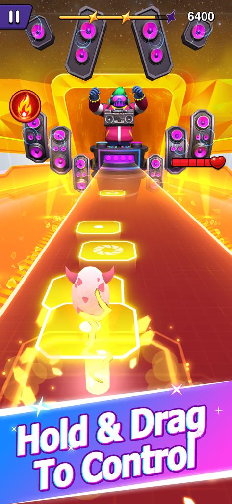 Dream Bounce - Dream Bounce arcade game scene where a pink character jumps on glowing tiles towards a DJ gorilla