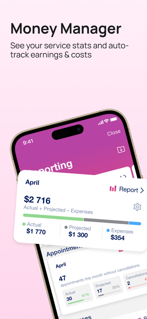 Masters Pro app financial dashboard showing monthly actual and projected earnings with expense tracking for beauty entrepreneurs