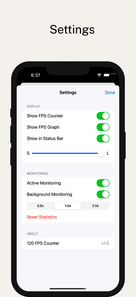 120 FPS Meter - Settings menu of the 120 FPS Meter app showing options for FPS counter and background monitoring