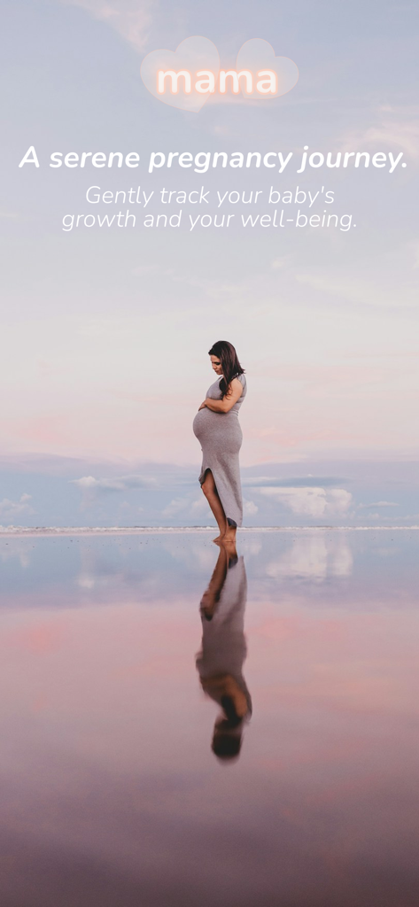 Pregnancy Tracker: Mama - A peaceful scene of a pregnant woman on a beach at sunset for the Mama app featuring the text a serene pregnancy journey.