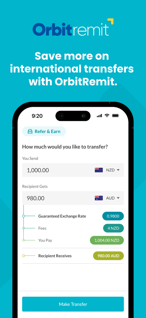 OrbitRemit app interface for international money transfers showing NZD to AUD conversion
