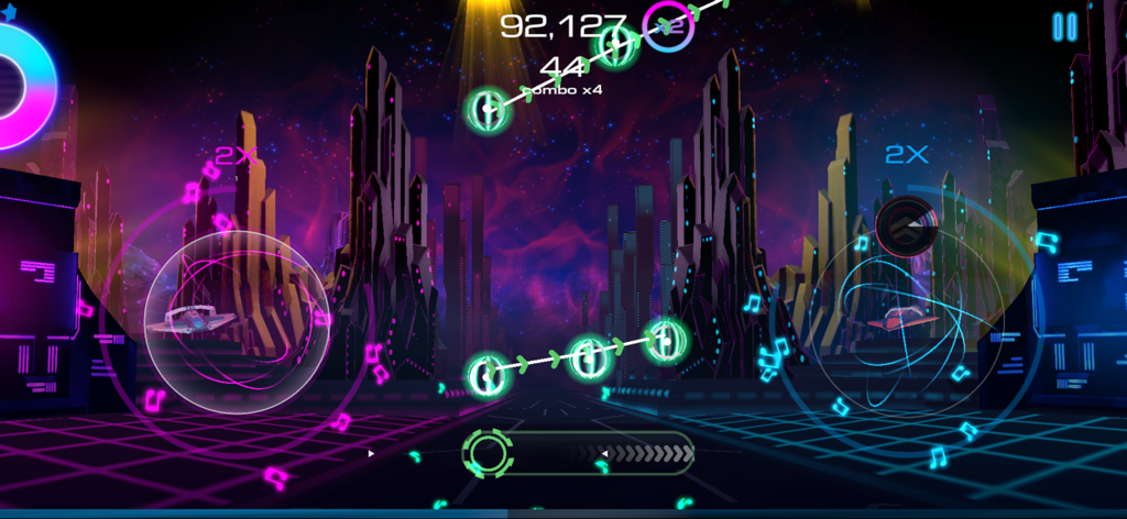 Ginst - Music Game - Ginst music game gameplay screen featuring neon circles and futuristic city environment