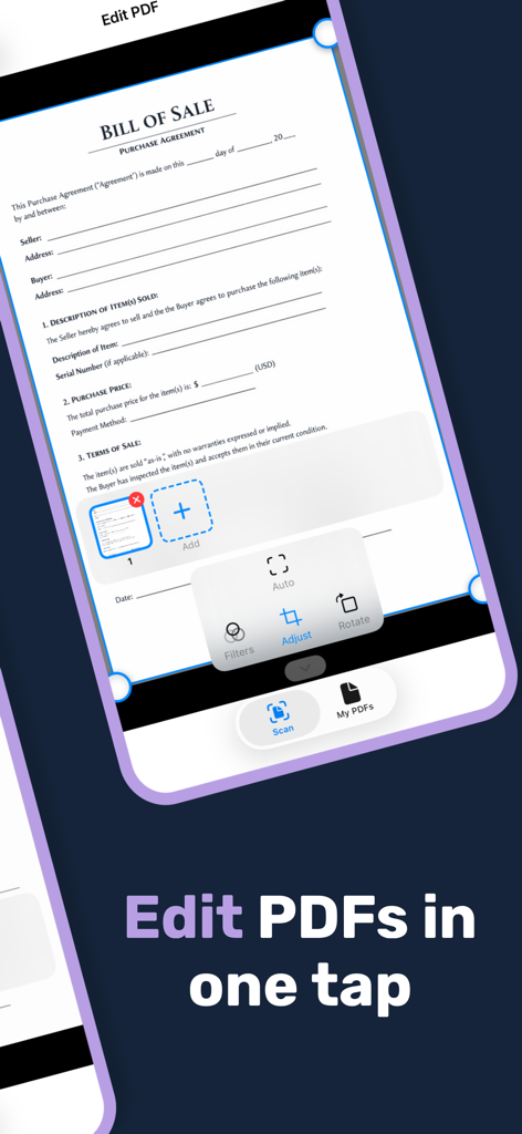 Mobile app interface showing a bill of sale document being edited with edge adjustment and cropping tools