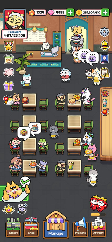 Catstaurant : Cat Chefs - 바쁜 레스토랑에서 다양한 동물 손님에게 서빙하는 고양이 셰프를 보여주는 캣스타우란트의 게임 플레이 스크린샷.