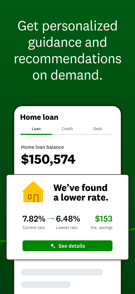 Interface de l'application Intuit Credit Karma affichant le solde d'un prêt immobilier et une recommandation personnalisée pour un taux d'intérêt plus bas.