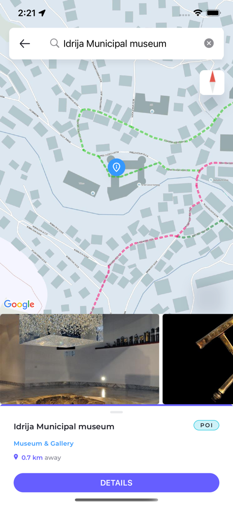 Monolit2Go - Monolit2Go app displaying the Idrija Municipal museum as a point of interest on a map with trail details.