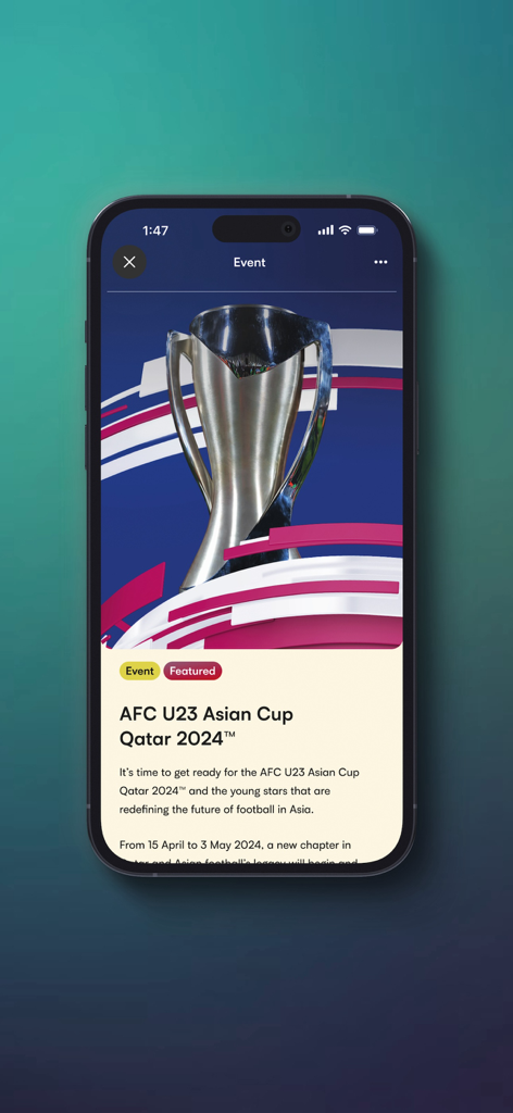 Hayya to Qatar - Écran mobile montrant la page de l'événement AFC U23 Asian Cup sur l'application Hayya au Qatar