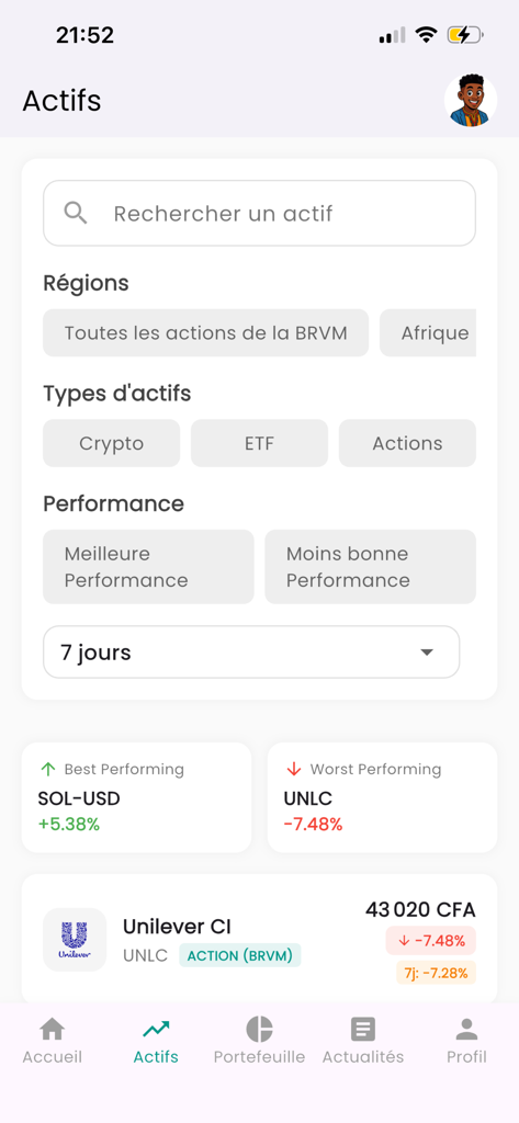 PlayInvest.HD - Interface of the PlayInvest HD app showing stock and crypto asset categories and performance data