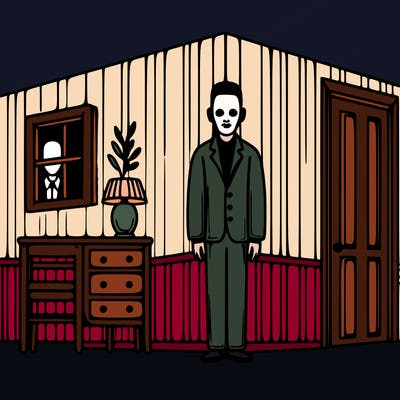uncanny figure standing in the coner of a bedroom