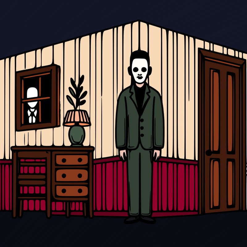 uncanny figure standing in the coner of a bedroom