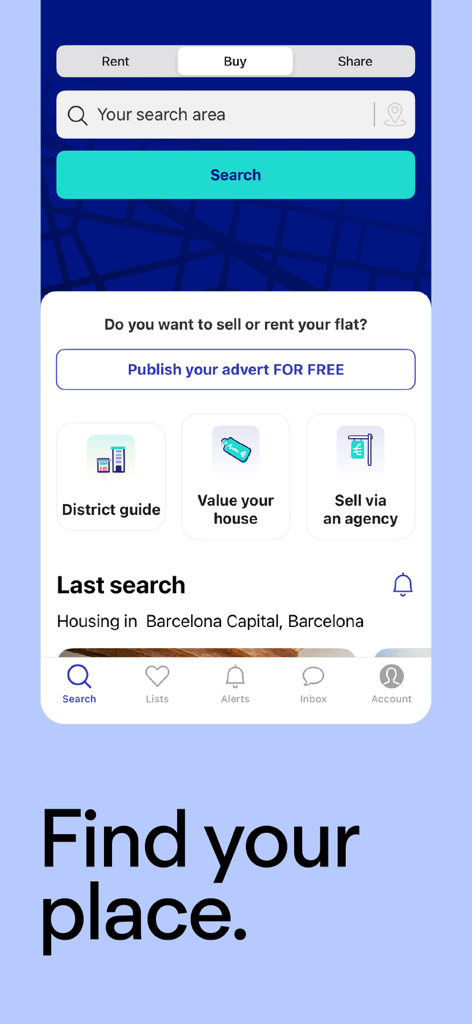 Fotocasa mobile app interface showing search filters for buying or renting properties in Spain