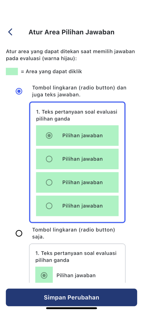 Edu HSI - Edu HSI app interface showing settings for selecting the clickable area of multiple choice quiz answers