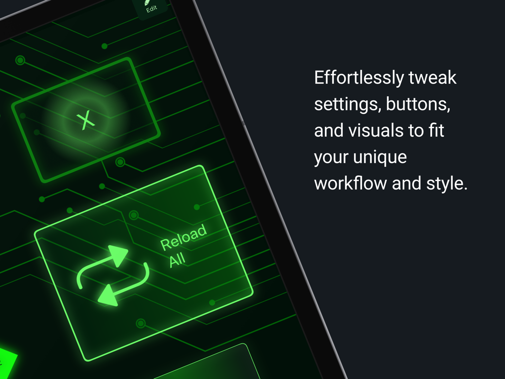 MetaGrid Pro - MetaGrid Pro custom interface on iPad featuring glowing green buttons and circuit board graphics for workflow optimization