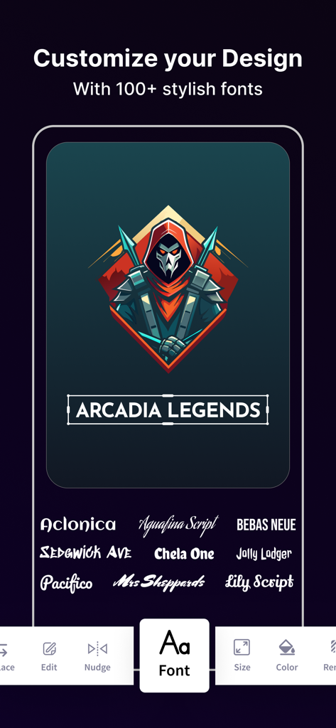 Cava AI Logo Maker: Rebrand - Interface of Cava AI Logo Maker showing font customization options for a gaming logo titled Arcadia Legends.