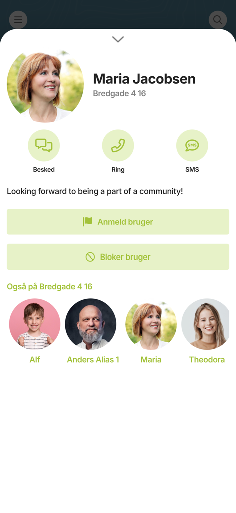 Plushusene - Resident profile page in the Plushusene app showing user details and neighborhood connections