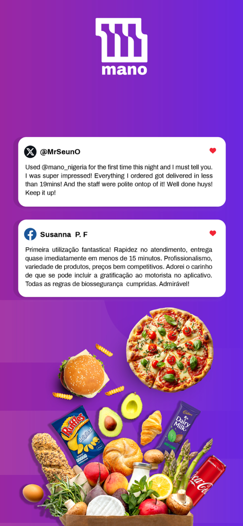 MANO food & products delivery - La aplicación MANO muestra testimonios positivos de clientes y una variedad de alimentos frescos y comestibles.