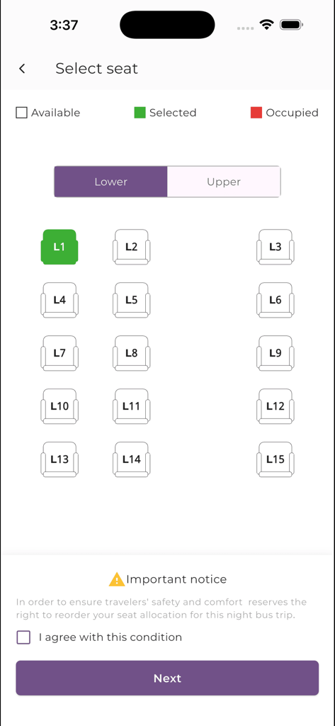 IBus Express - Oberfläche der IBus Express App, die eine Bus-Sitzkarte zur Auswahl von Sitzen in der unteren Etage während der Buchung anzeigt.