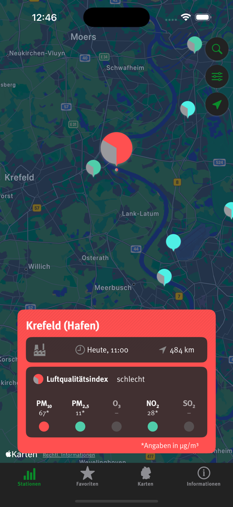 Luftqualität - Map view of the Luftqualitaet app showing air quality index for a station in Krefeld
