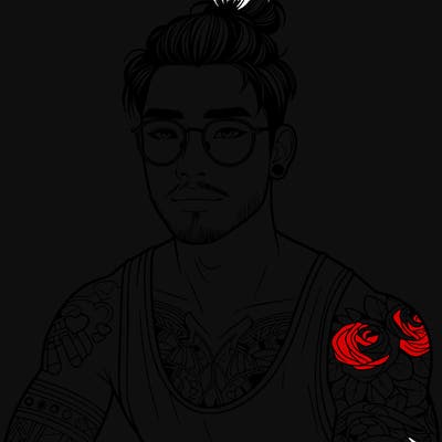 young attractive asian man with a man-bun, glasses, and tattoo's
