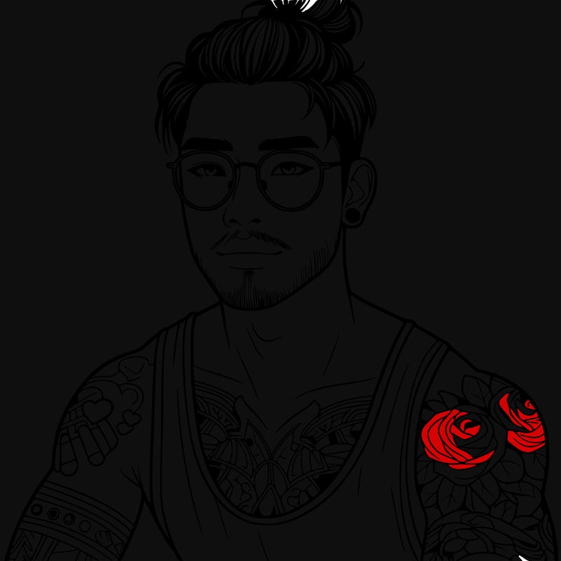 young attractive asian man with a man-bun, glasses, and tattoo's