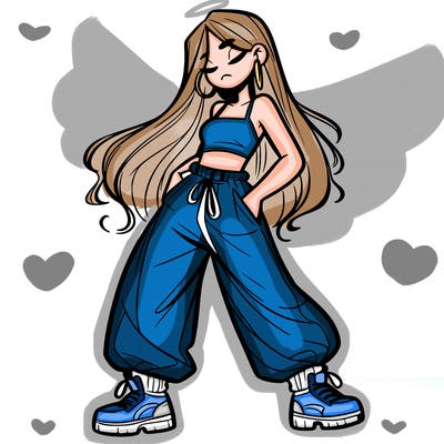 girl in baggy pants crop top and long hair