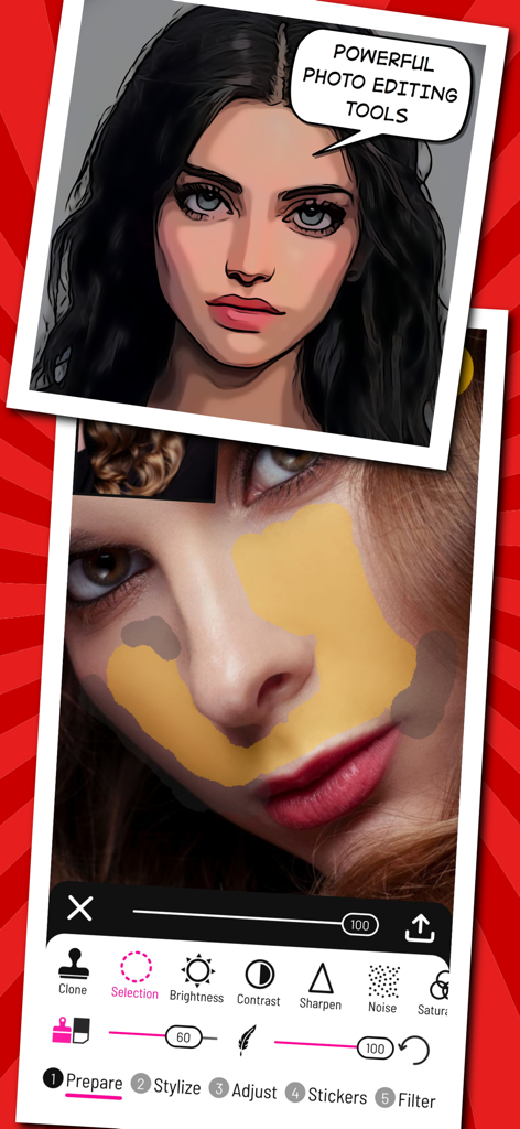 Toonita: Cartoon & Comic Maker - Toonita app interface showing professional photo editing and retouching tools