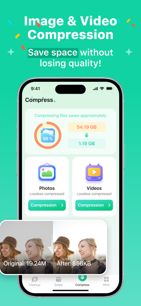 Interfaz de la aplicación AI Cleaner que muestra cómo ahorrar espacio de almacenamiento del teléfono comprimiendo fotos y videos sin perder calidad