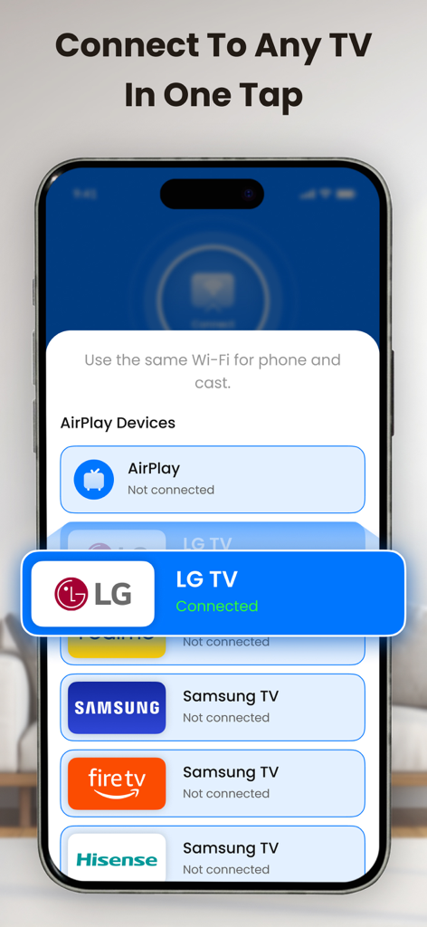 Smart View TV Screen Mirroring - Interfaccia dell'app Smart View che mostra uno smartphone collegato a una TV LG per il mirroring dello schermo